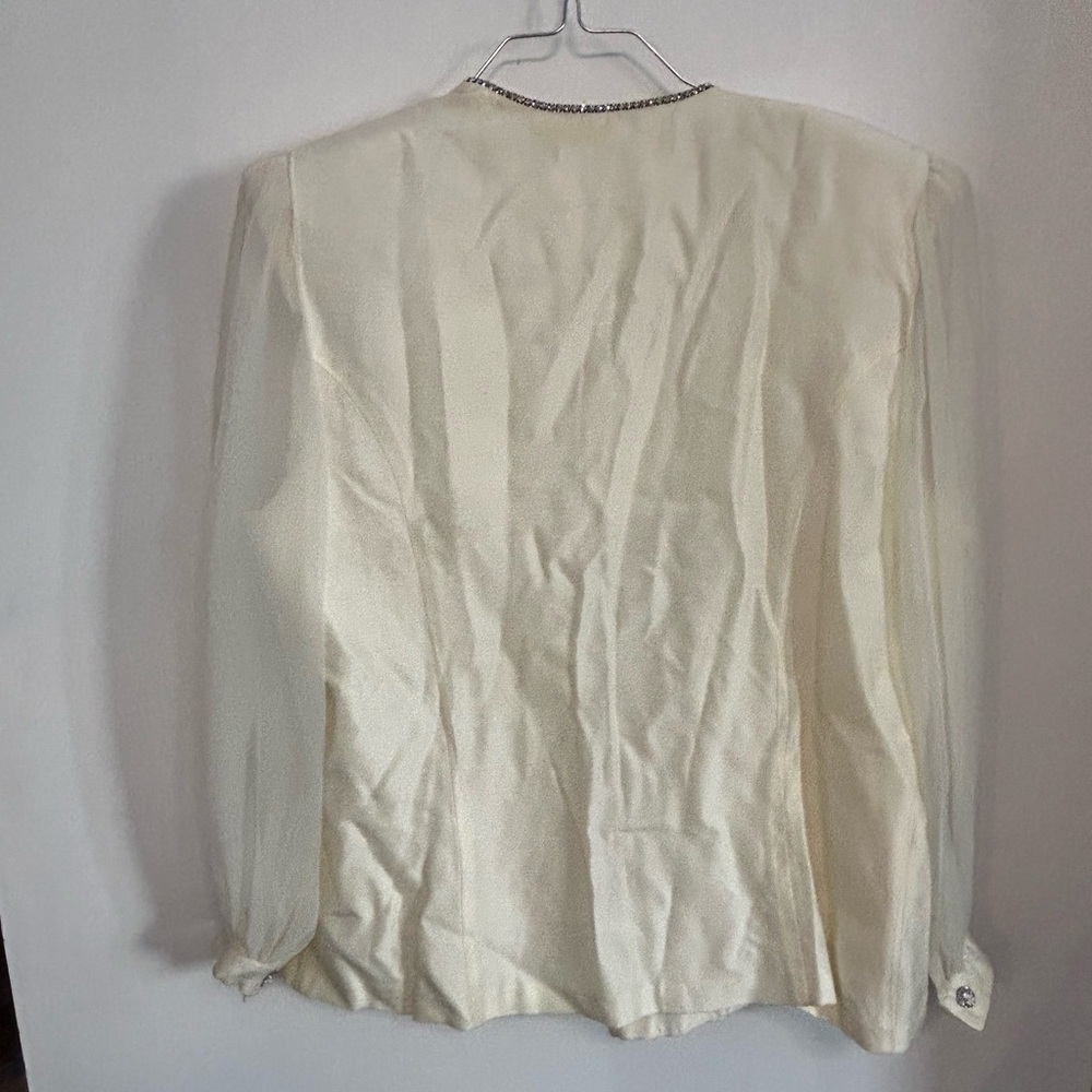 Vintage Elegant Cream Blouse with Rhinestone Trim and Shoulder Pads - Picture 2 of 8